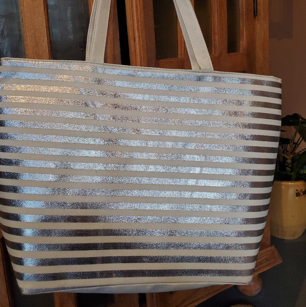 Silver striped beach tote canvas